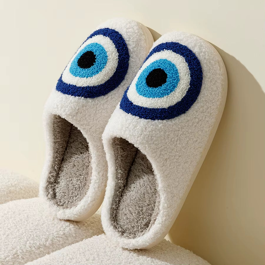 Evil Eyes Blue Embroidery Slippers High Quality Women Men Slippers Fashion Pattern Shoes Warm Home Devil'S Eyes Houseshoes