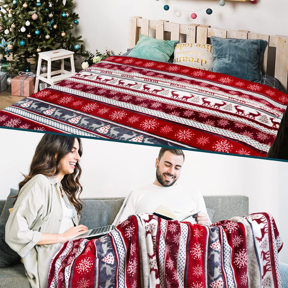 Christmas Throw Blanket | Holiday Christmas Reindeer Snowflakes Fleece Blanket | Soft, Plush, Warm Winter Cabin Throw, 50X60 (Christmas Red)