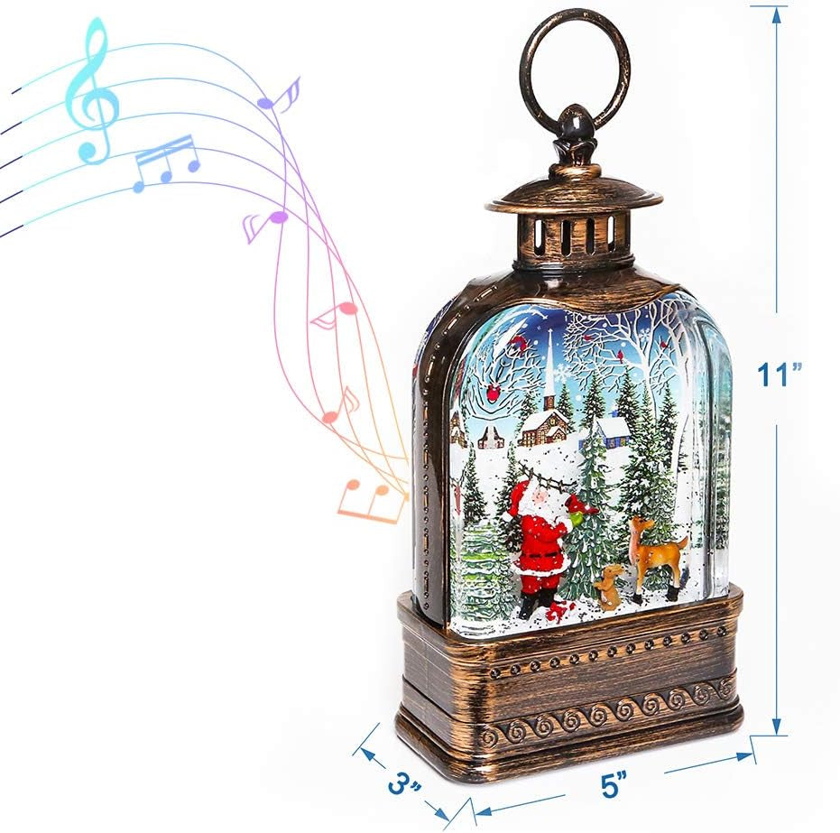 Christmas Musical Snow Globe Lantern, Christmas Globes Lamp Lantern, 6H Timer LED Lighted Swirling Glitter Lantern Christmas Home Decorations/Gift,3 AA Battery or USB (Brown)