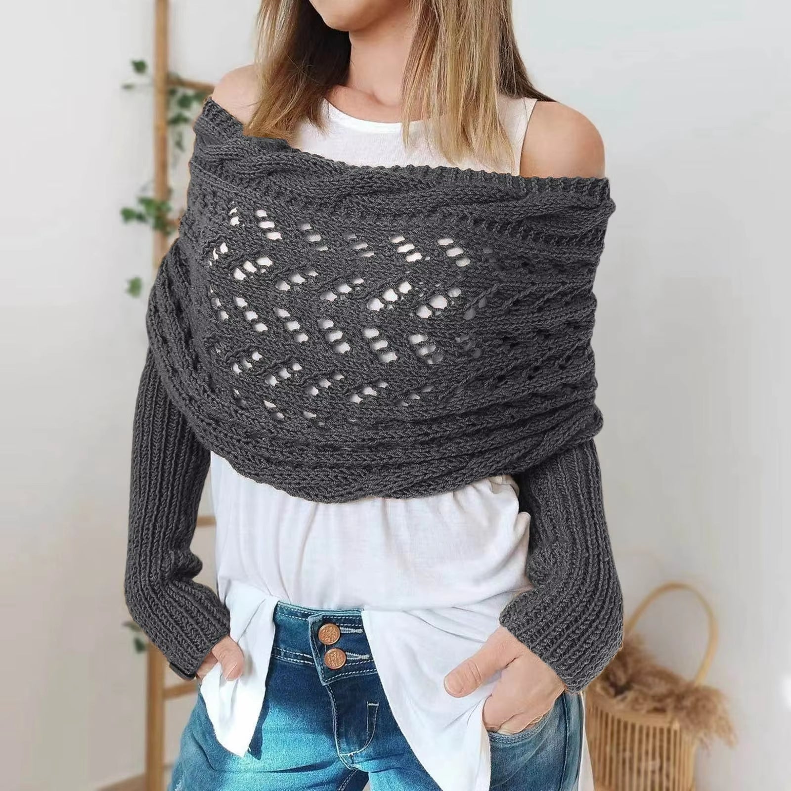 Autumn Winter Women'S Knitted Shawl Scarf with Long Sleeve Outdoor Warm Soft Windproof Hollow Out Crop Top Shawl Scarf