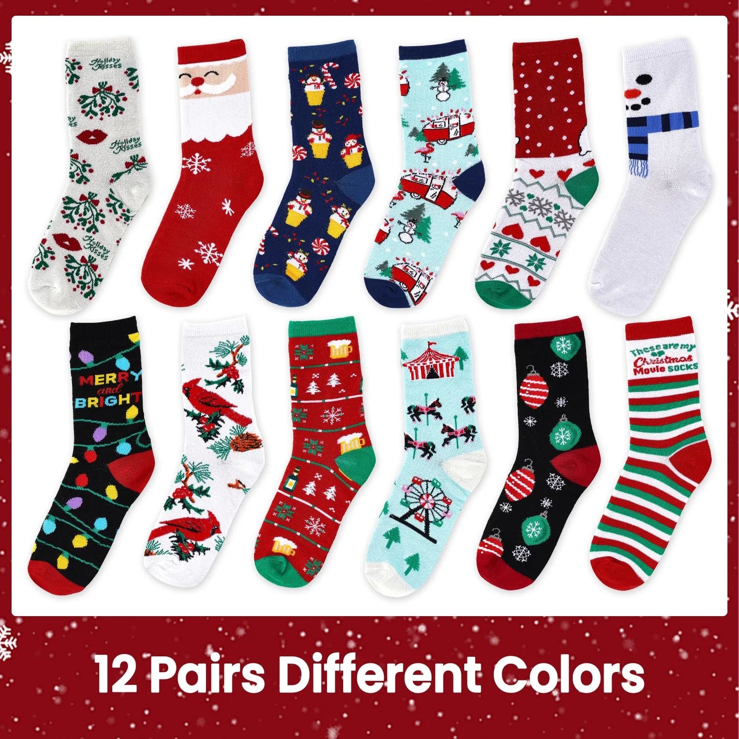 12 Pair, Women Holiday X-Mas Socks, 12 Different Designs,Christmas Gift, Size 9-11