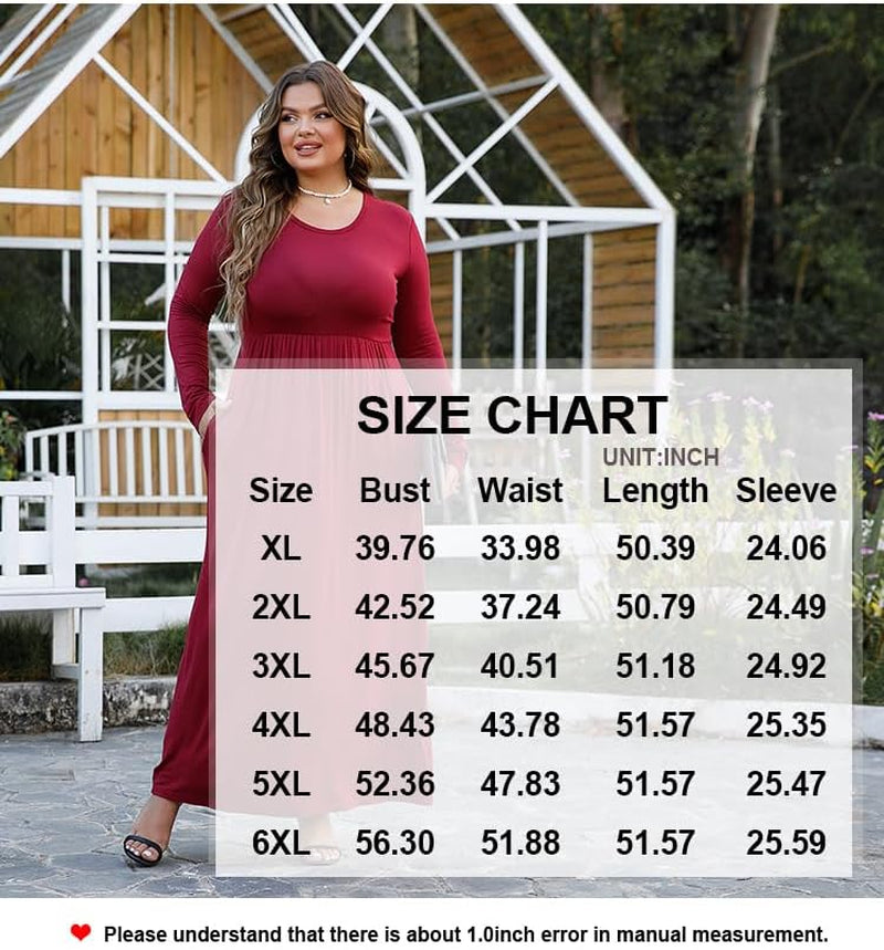 Women'S Long Sleeve plus Size Dress Casual Maxi Dresses XL-6XL Soft with Pockets