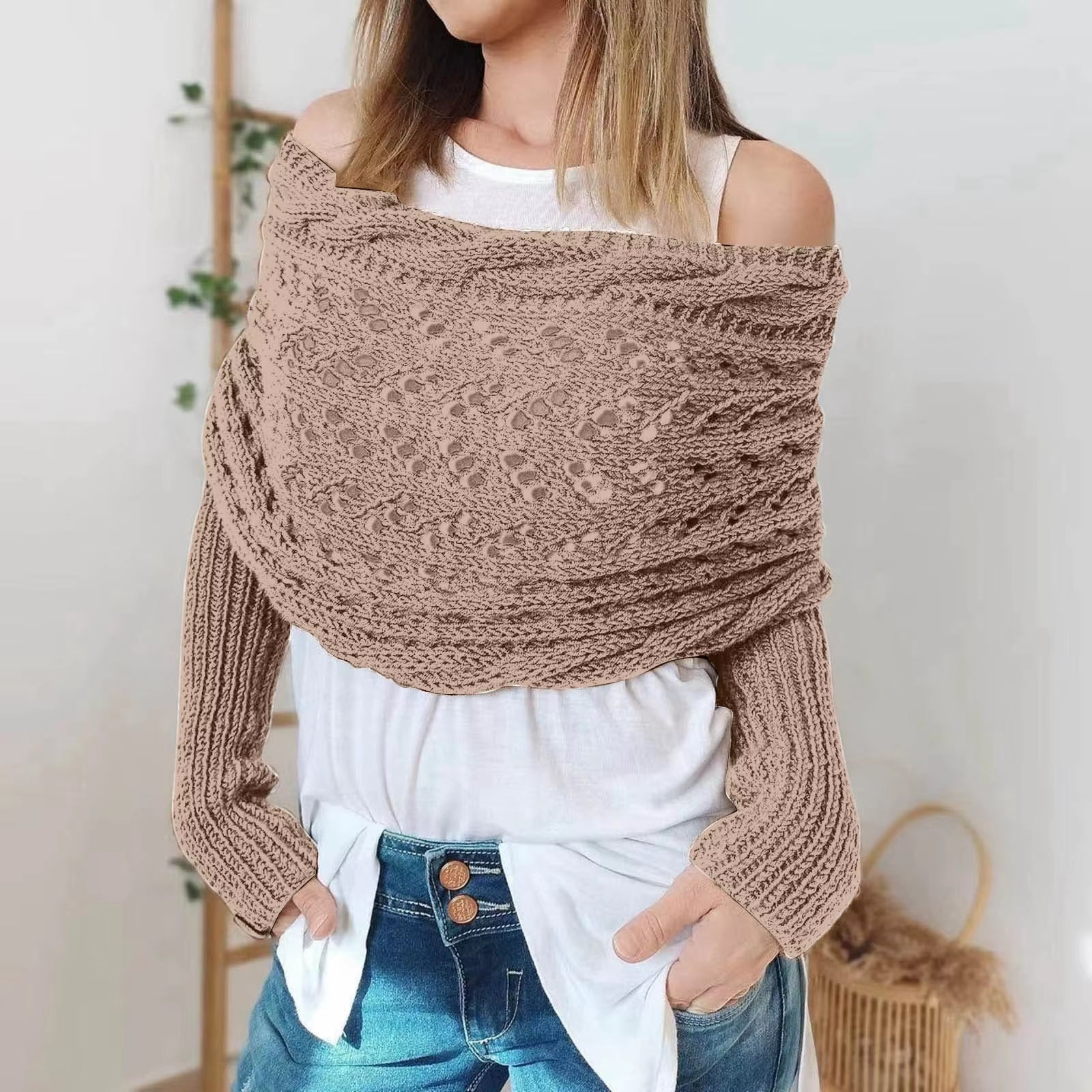 Autumn Winter Women'S Knitted Shawl Scarf with Long Sleeve Outdoor Warm Soft Windproof Hollow Out Crop Top Shawl Scarf