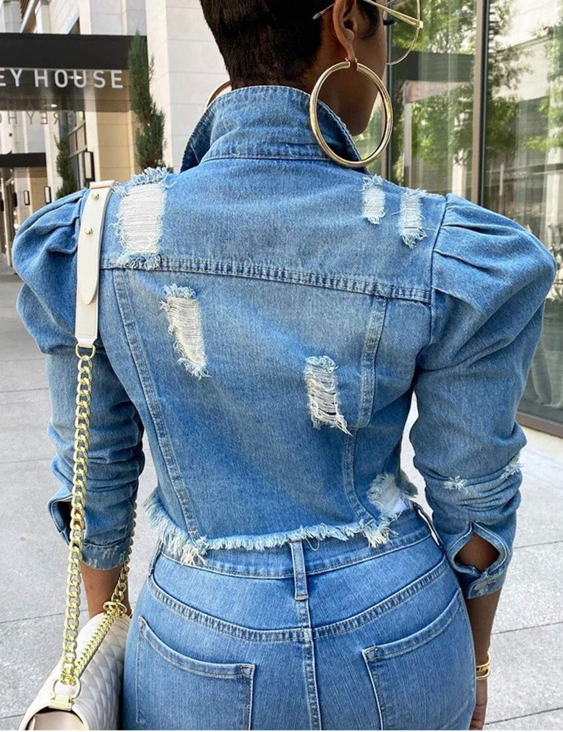 Women'S Ripped Puff Sleeve Denim Crop Top Long-Sleeve Cropped Jean Jacket