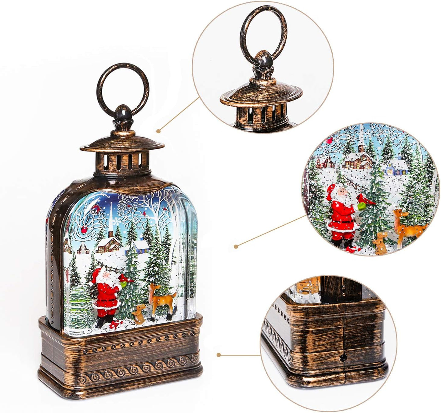 Christmas Musical Snow Globe Lantern, Christmas Globes Lamp Lantern, 6H Timer LED Lighted Swirling Glitter Lantern Christmas Home Decorations/Gift,3 AA Battery or USB (Brown)