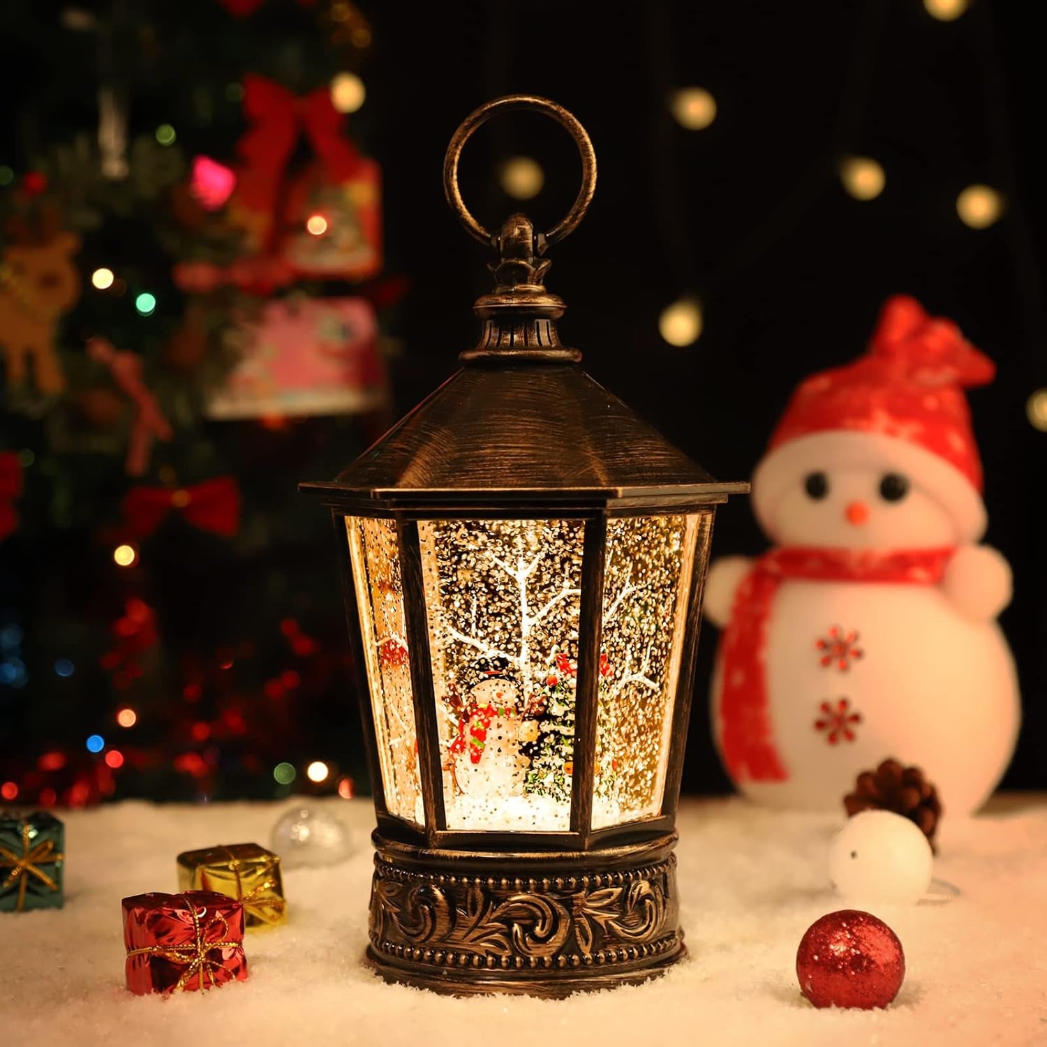 Christmas Snow Globe Lantern-Water Lantern with Music and Christmas Snowman-Usb or Battery-Powered Christmas Lanterns, Rotating Flashing Lanterns, Christmas Decorations（Snowman）