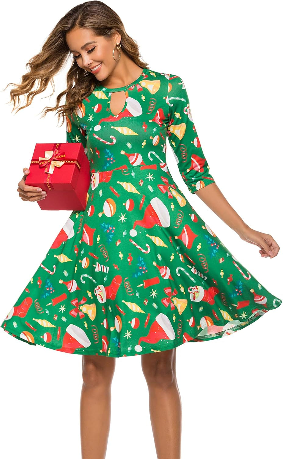 Women'S Ugly Christmas Half Sleeve Xmas Patterned Holiday Party Casual Swing Dress