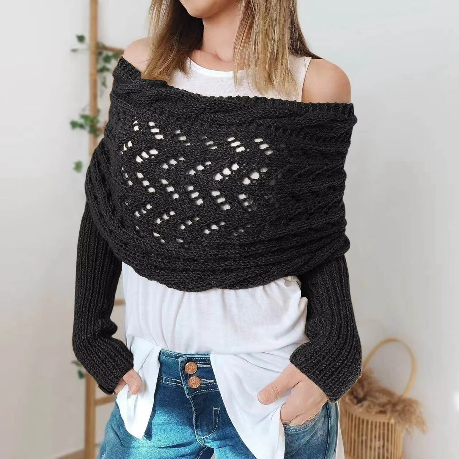 Autumn Winter Women'S Knitted Shawl Scarf with Long Sleeve Outdoor Warm Soft Windproof Hollow Out Crop Top Shawl Scarf