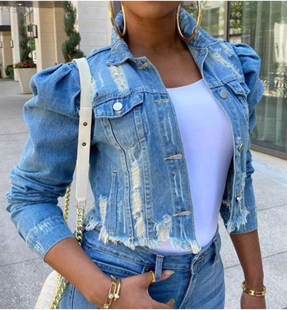 Women'S Ripped Puff Sleeve Denim Crop Top Long-Sleeve Cropped Jean Jacket