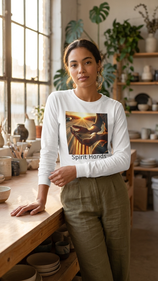 Spirit Hands Long Sleeve Tee — Sunset Healing Prayer Shirt